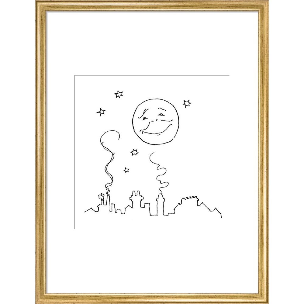 Smiling moon and rooftops print in gold frame