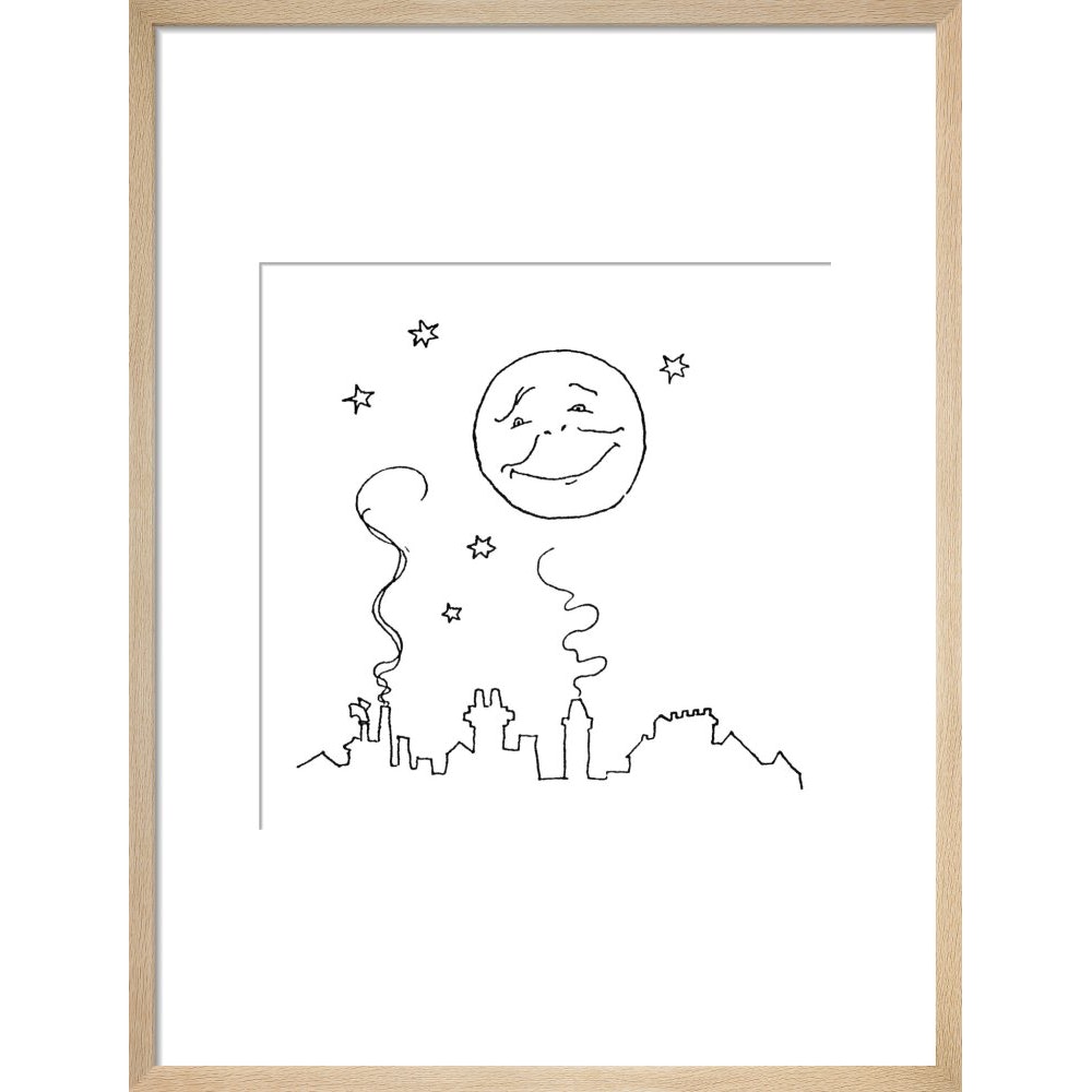 Smiling moon and rooftops print in natural frame
