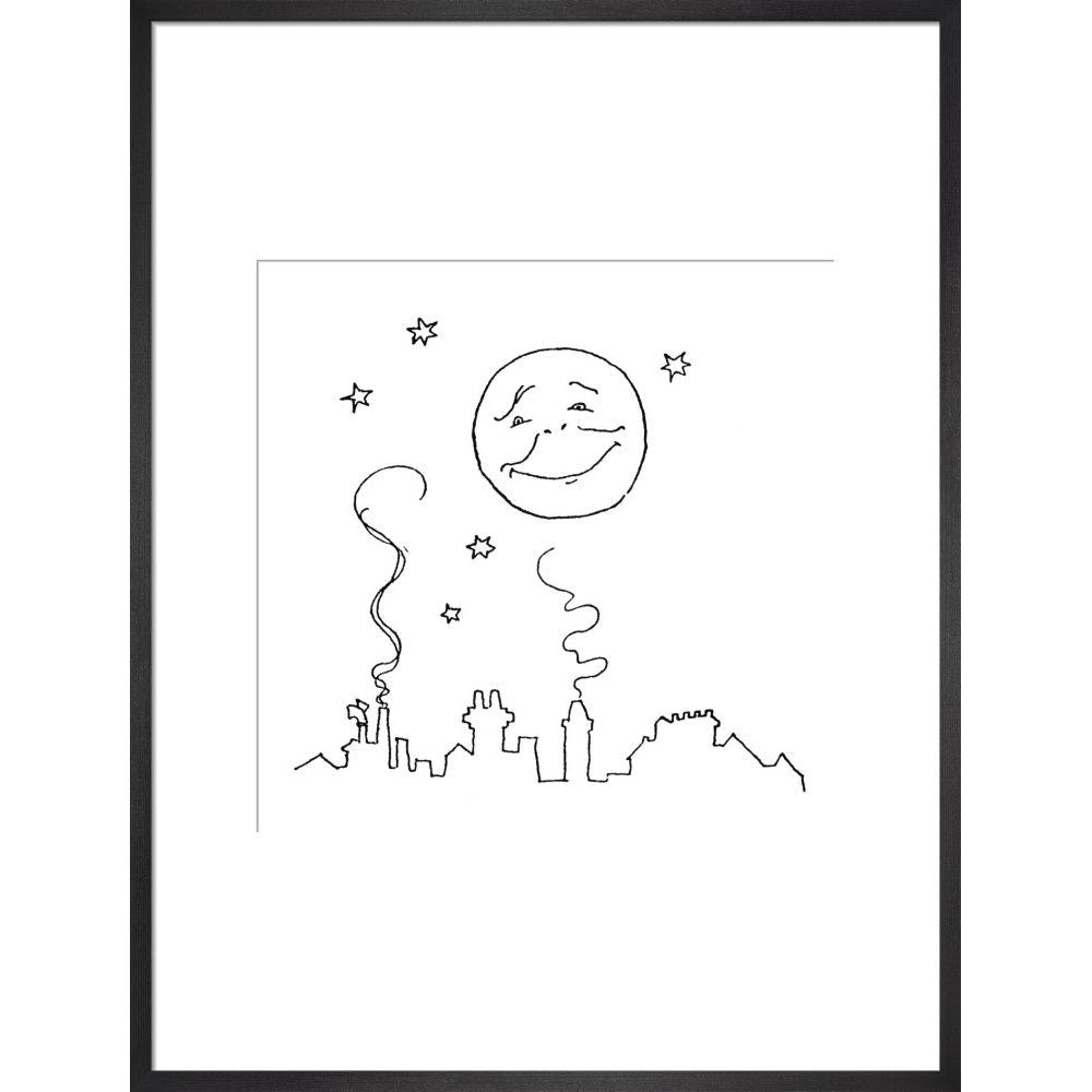 Smiling moon and rooftops print in black frame
