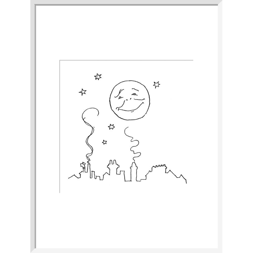 Smiling moon and rooftops print in white frame