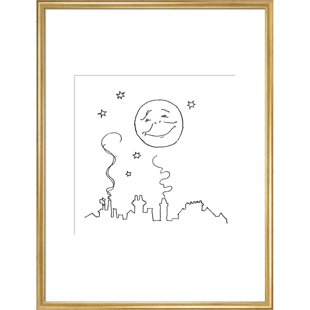 Smiling moon and rooftops print in gold frame