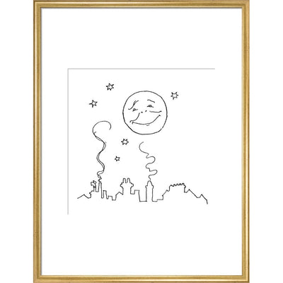 Smiling moon and rooftops print in gold frame