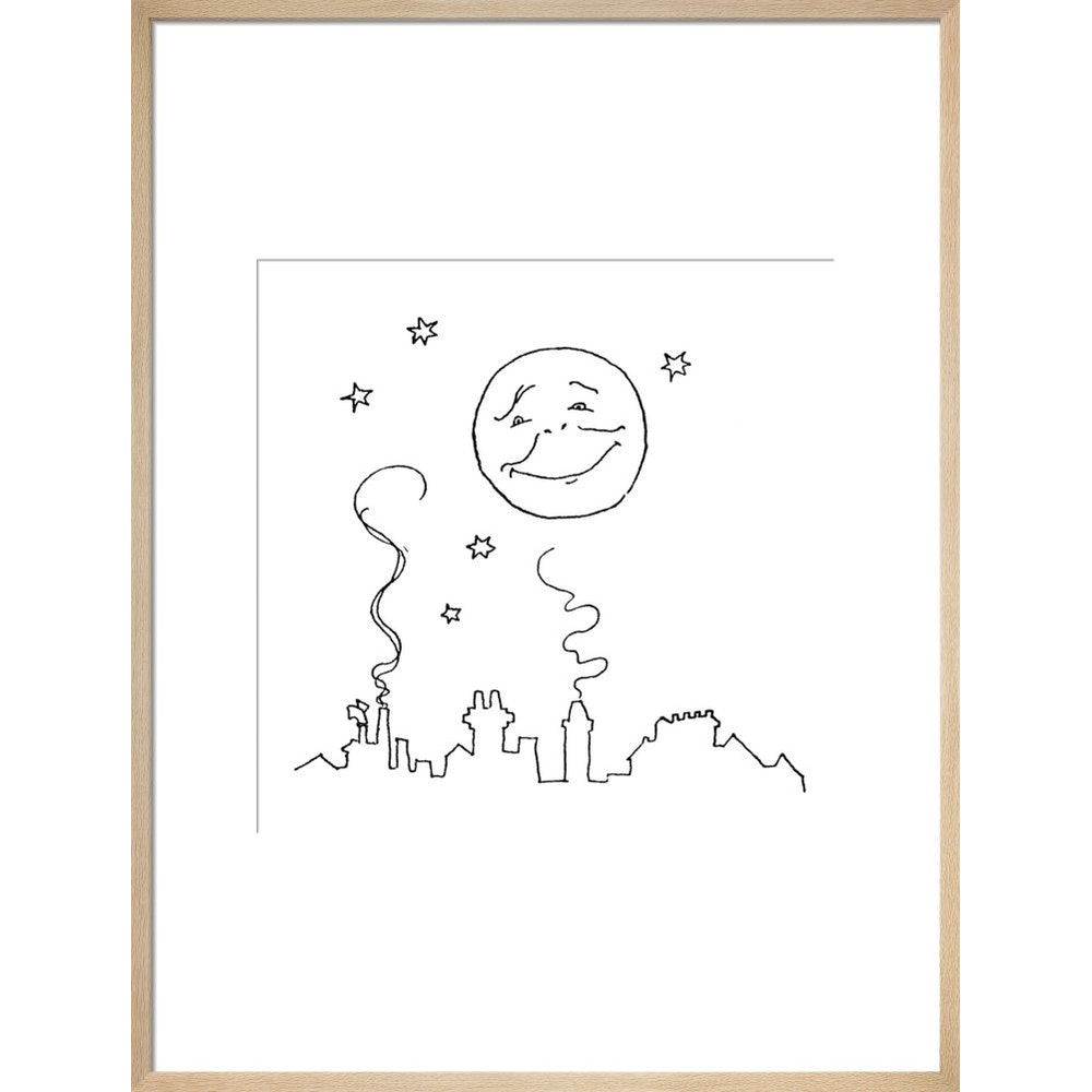 Smiling moon and rooftops print in natural frame