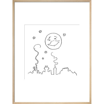 Smiling moon and rooftops print in natural frame