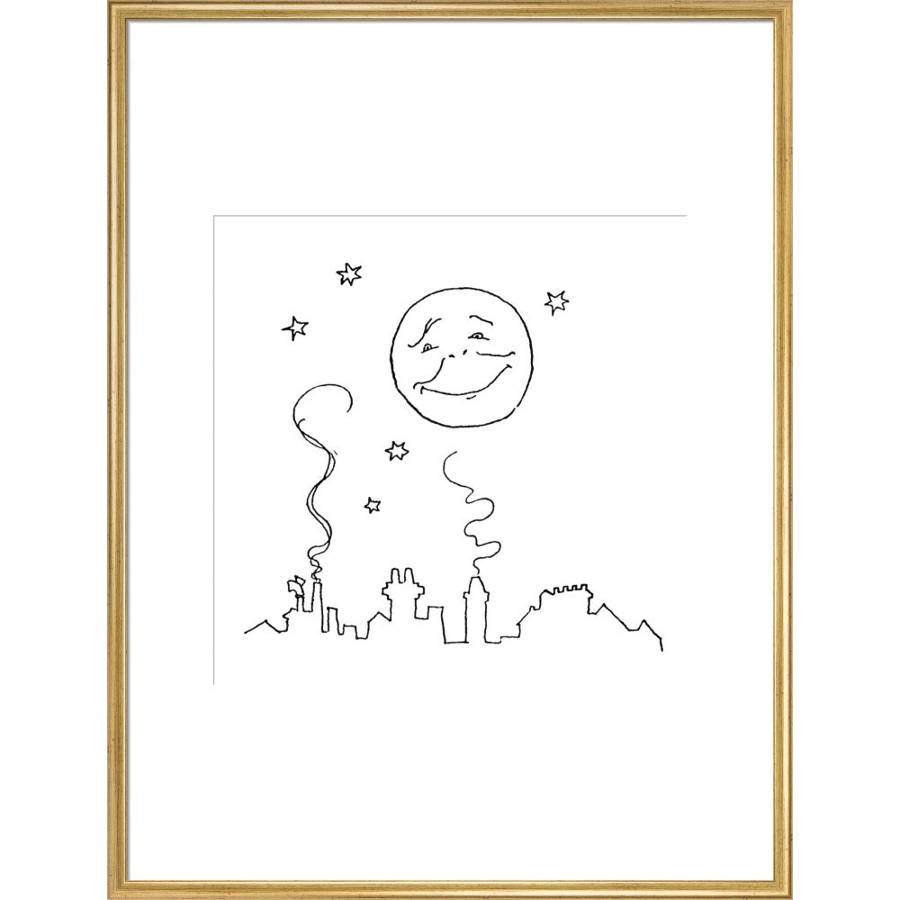 Smiling moon and rooftops print in gold frame