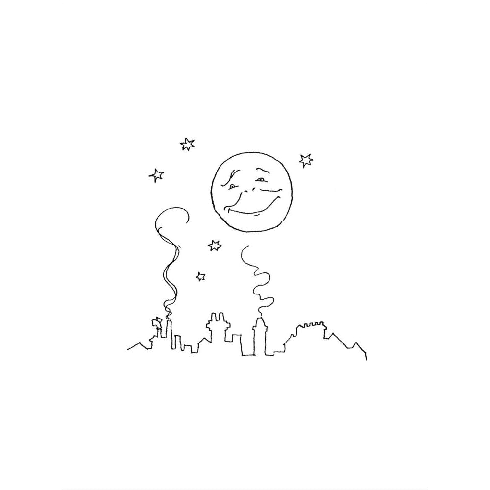 Smiling moon and rooftops print unframed