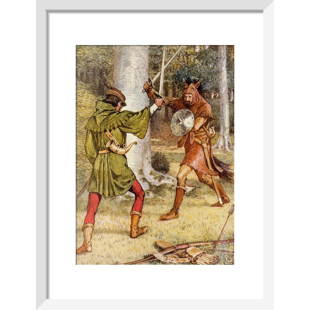 Robin Hood and Guy of Gisborne fighting print in white frame