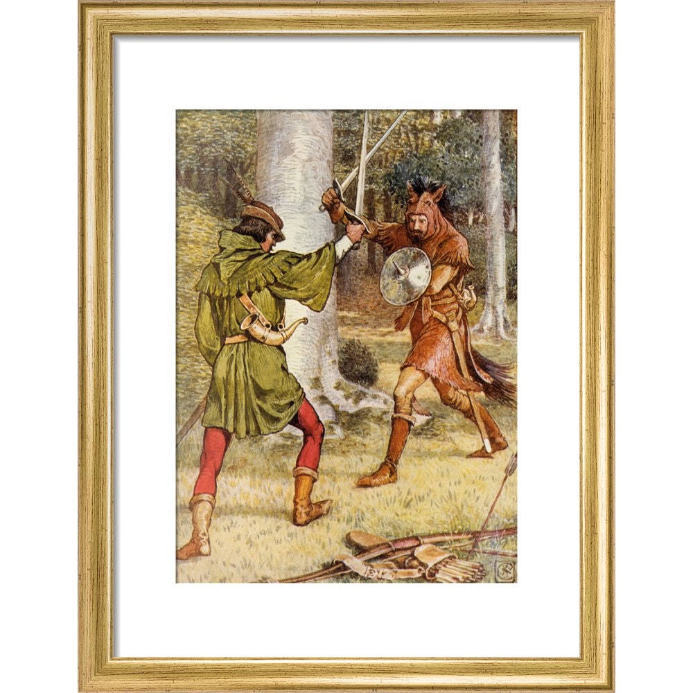 Robin Hood and Guy of Gisborne fighting print in gold frame