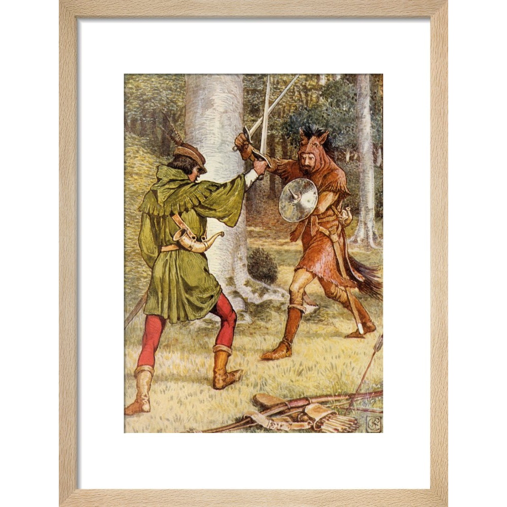 Robin Hood and Guy of Gisborne fighting print in natural frame