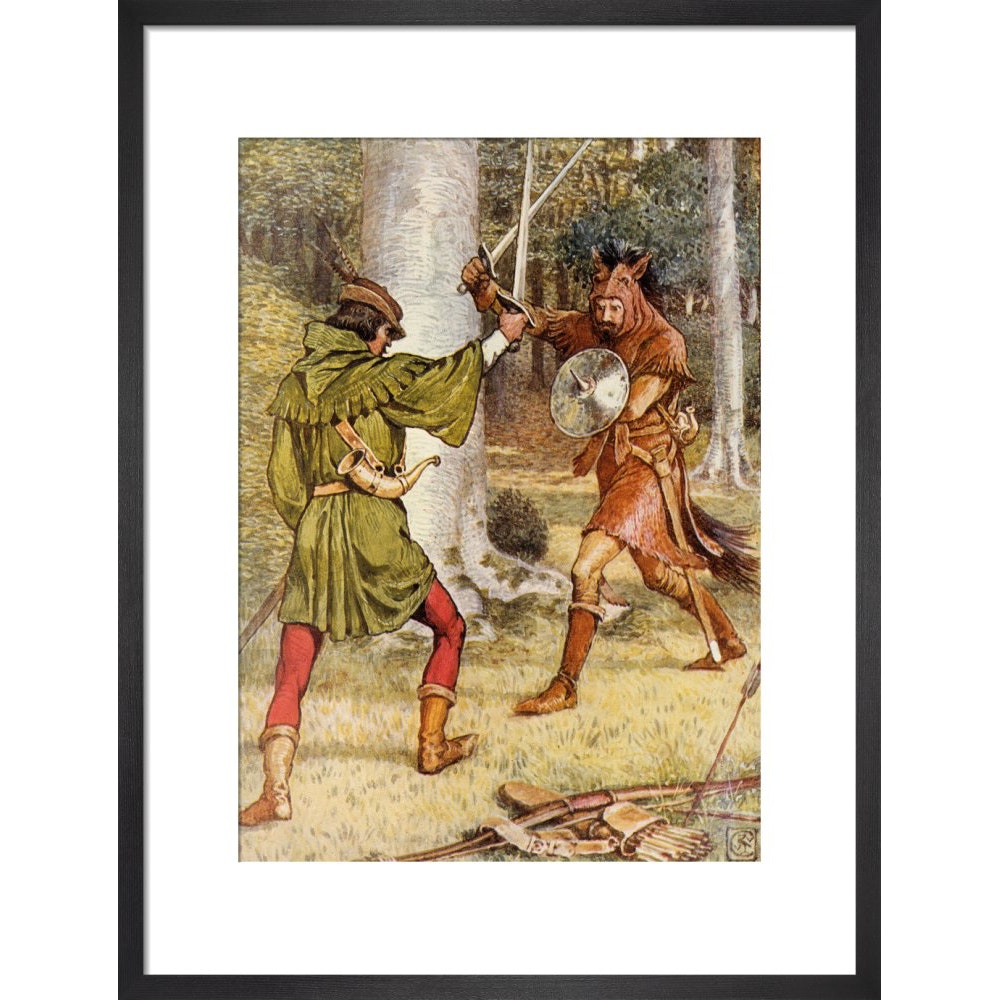 Robin Hood and Guy of Gisborne fighting print in black frame