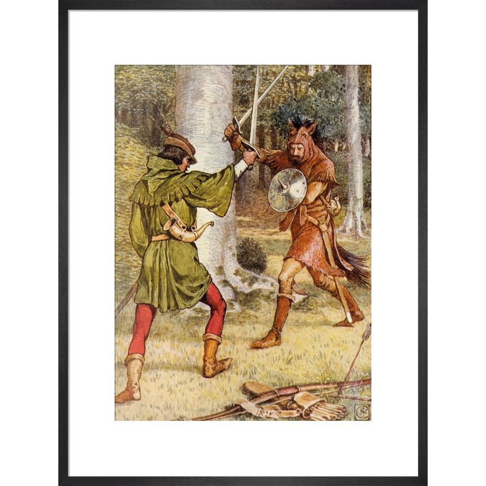 Robin Hood and Guy of Gisborne fighting print in black frame