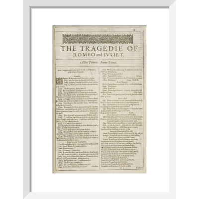 Romeo and Juliet Shakespeare's First Folio title page print in white frame