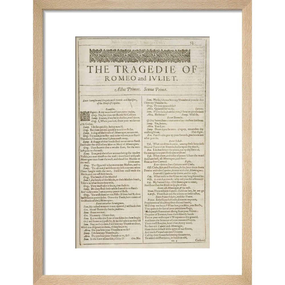 Romeo and Juliet Shakespeare's First Folio title page print in natural frame