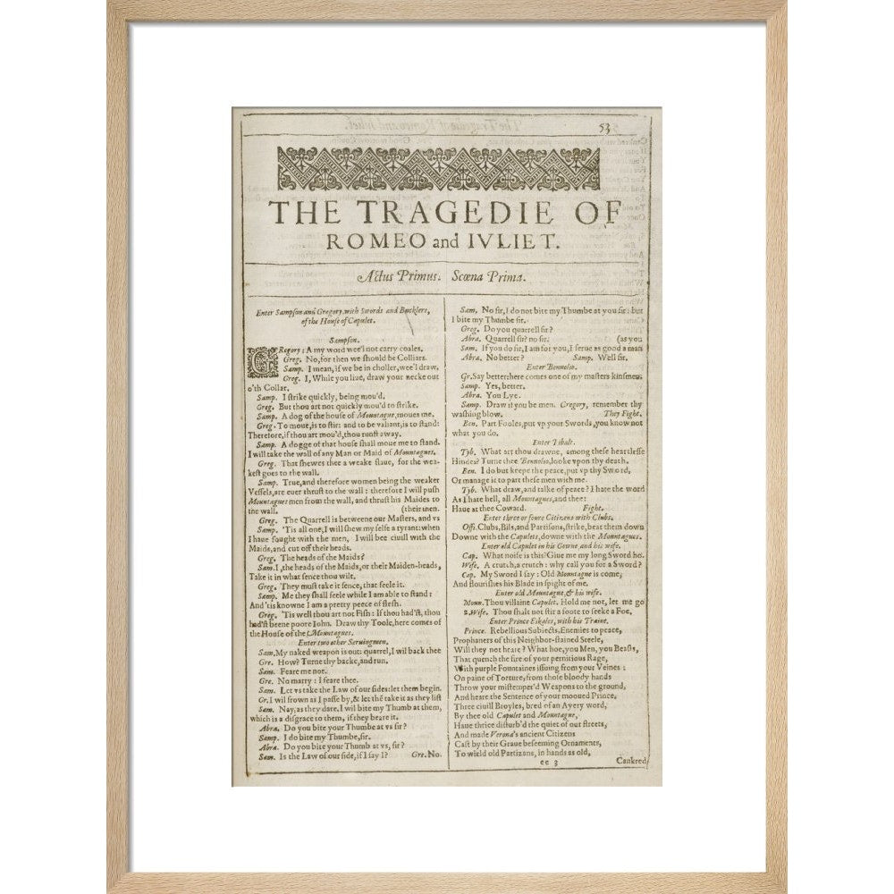 Romeo and Juliet Shakespeare's First Folio title page print in natural frame