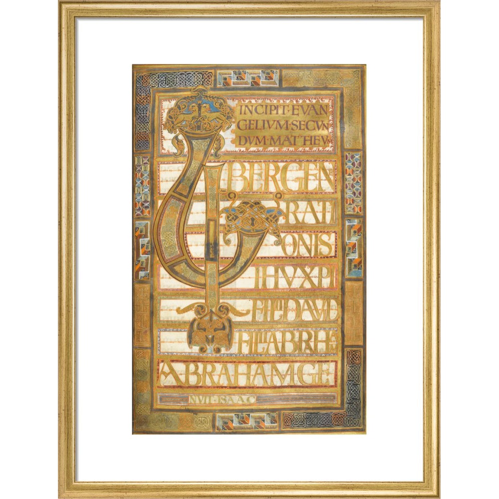 Beginning of the Gospel of St Matthew, from the Harley Golden Gospels print in gold frame