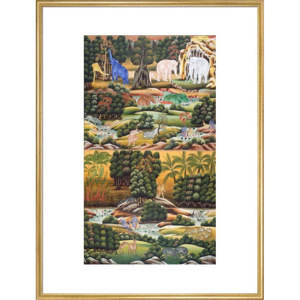 Burmese Buddhist Cosmology print in gold frame