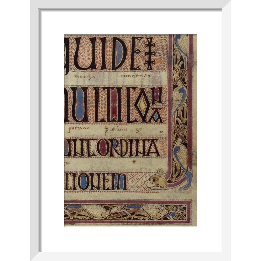 Detail of a cat, from a page of the Lindisfarne Gospels print in white frame