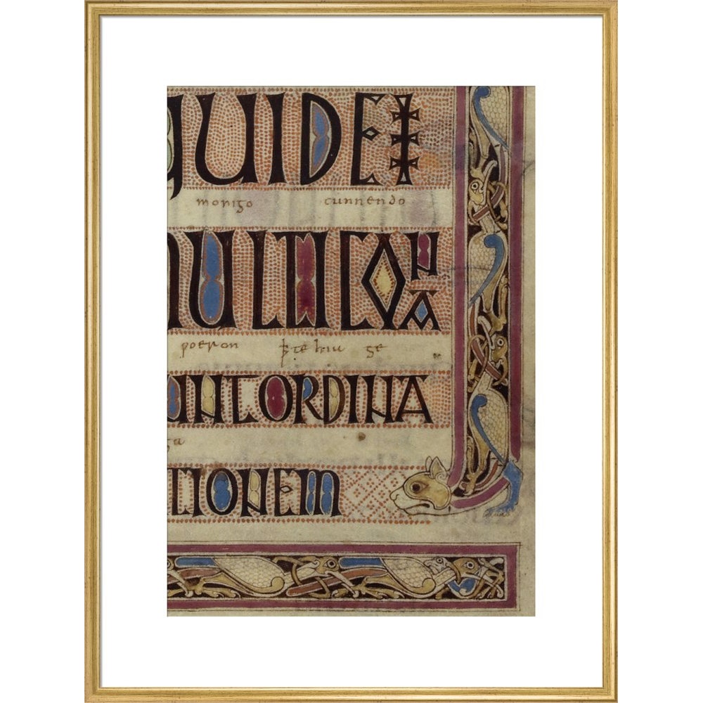 Detail of a cat, from a page of the Lindisfarne Gospels print in gold frame