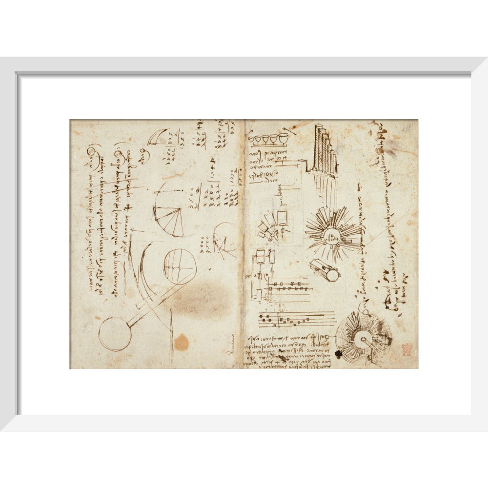 Notebook of Leonardo da Vinci print in white frame