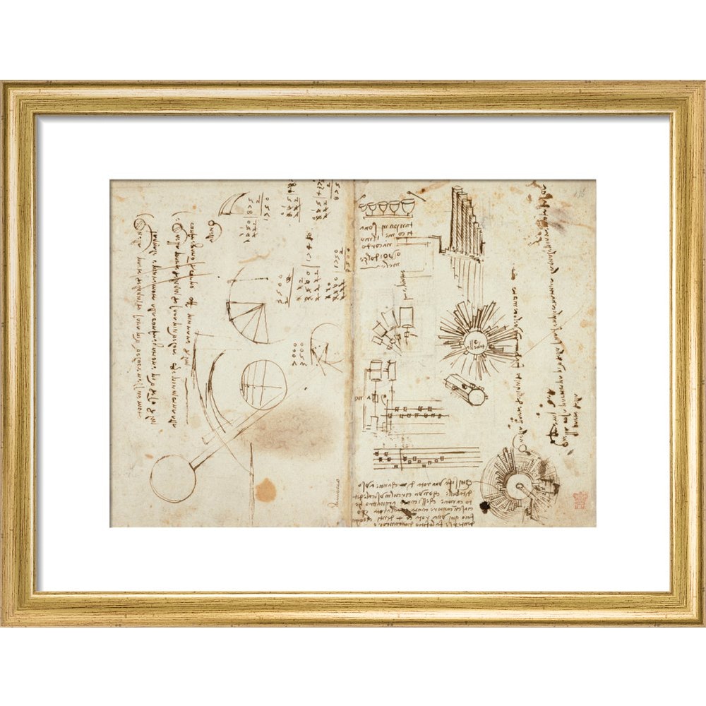 Notebook of Leonardo da Vinci print in gold frame