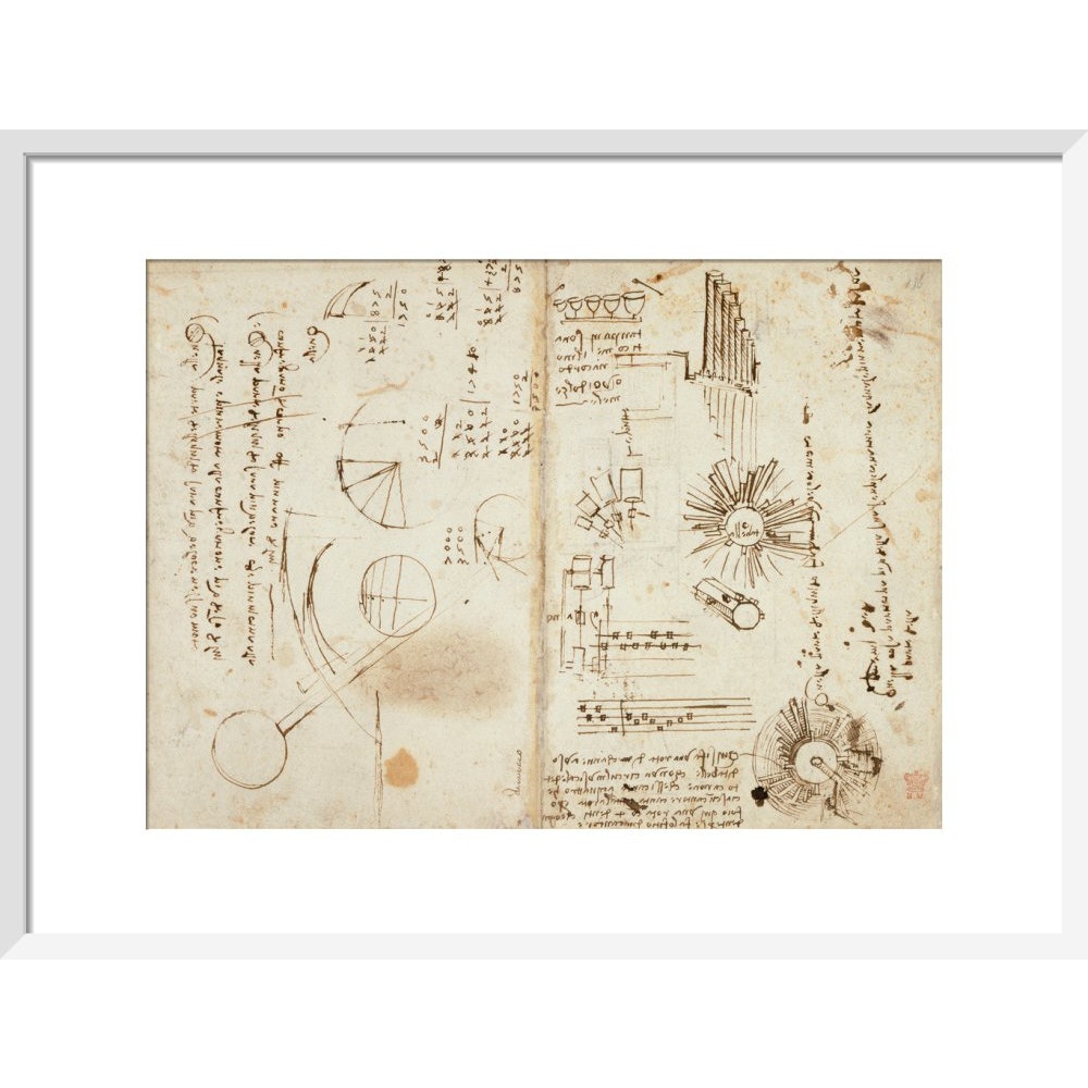 Notebook of Leonardo da Vinci print in white frame