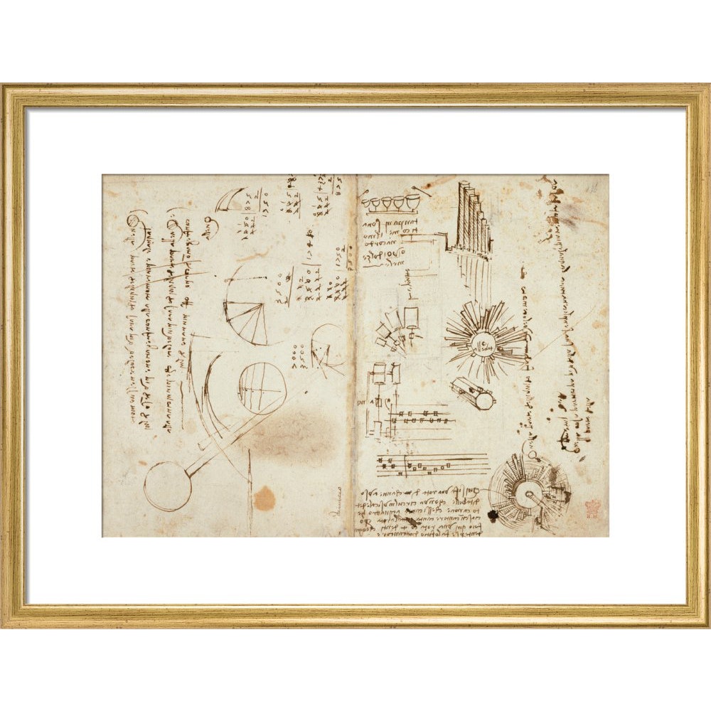 Notebook of Leonardo da Vinci print in gold frame