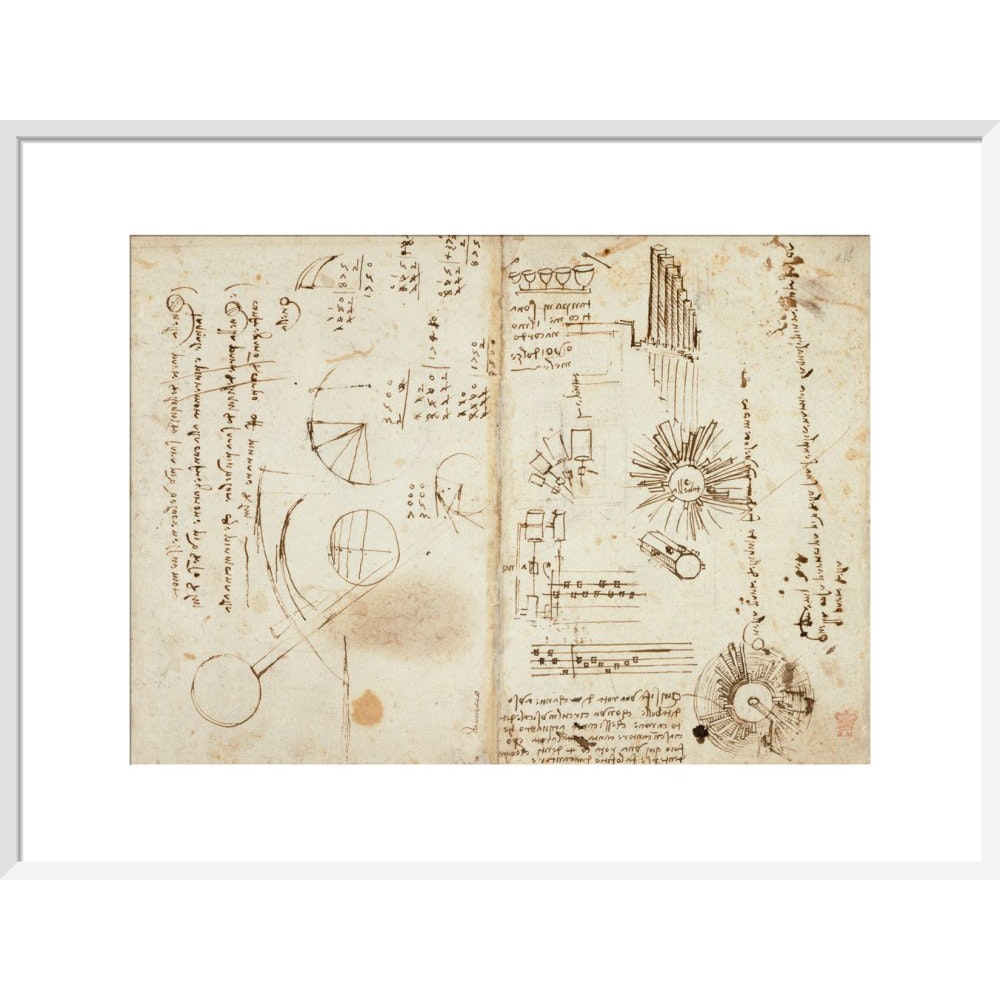 Notebook of Leonardo da Vinci print in white frame