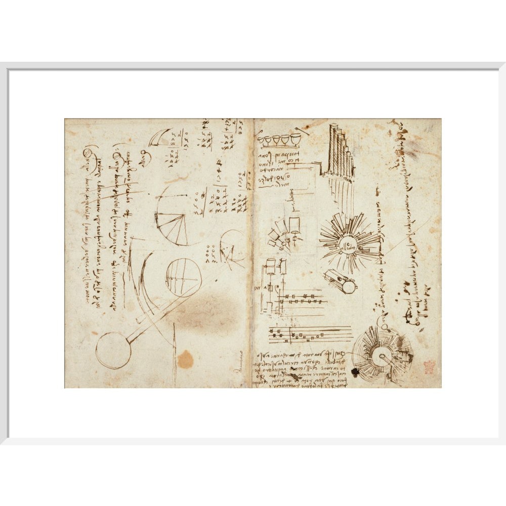 Notebook of Leonardo da Vinci print in white frame