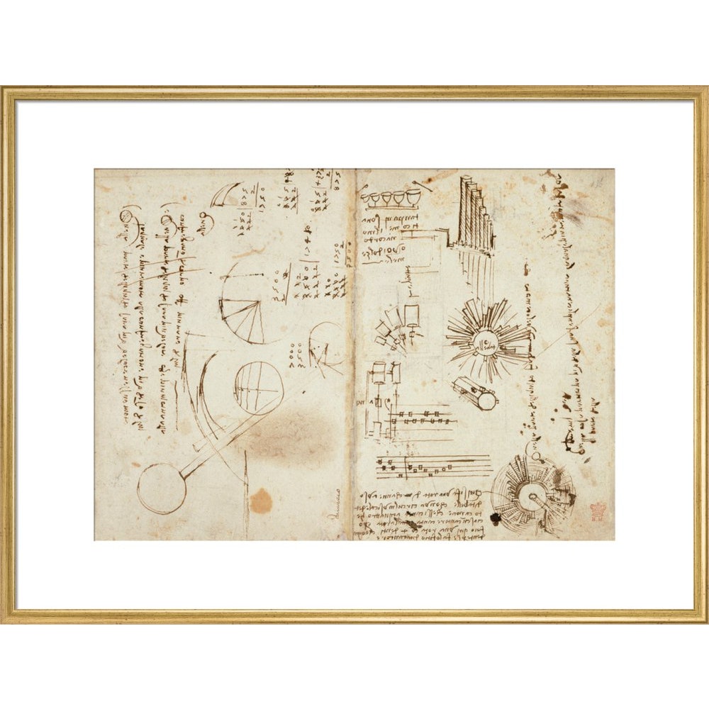 Notebook of Leonardo da Vinci print in gold frame