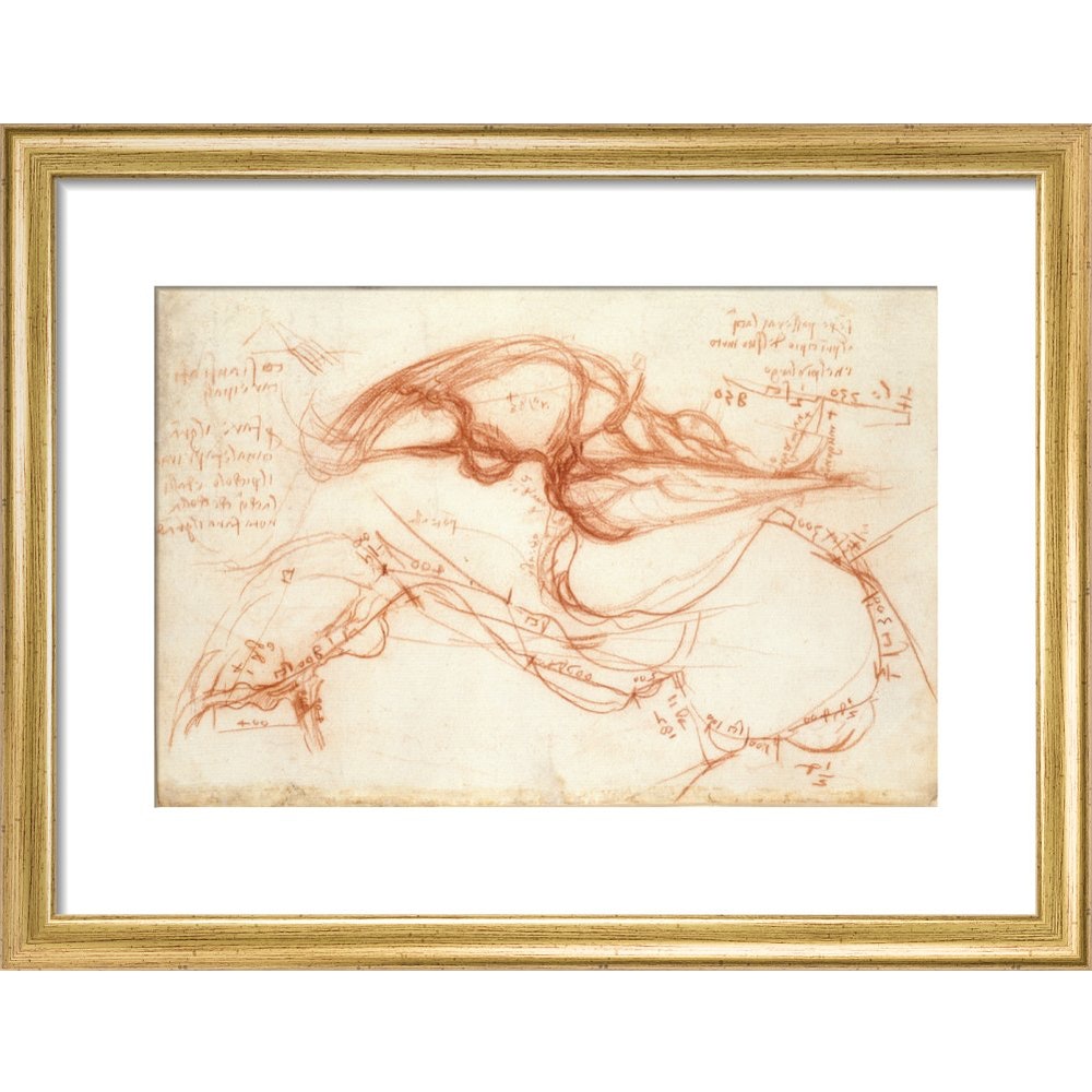 Notebook of Leonardo da Vinci (The River Arno) print in gold frame