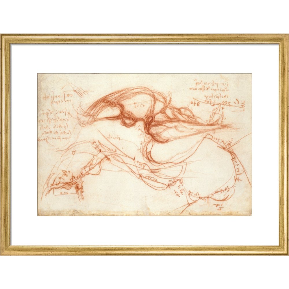 Notebook of Leonardo da Vinci (The River Arno) print in gold frame