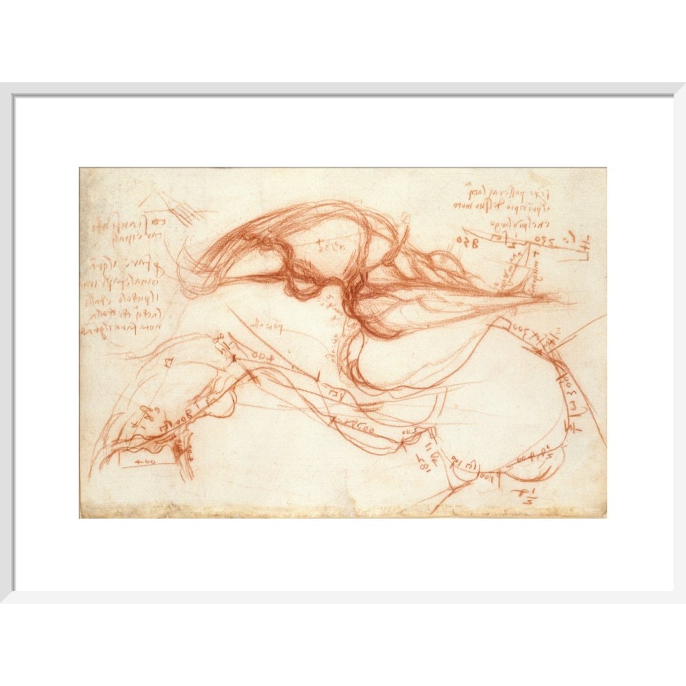 Notebook of Leonardo da Vinci (The River Arno) print in white frame