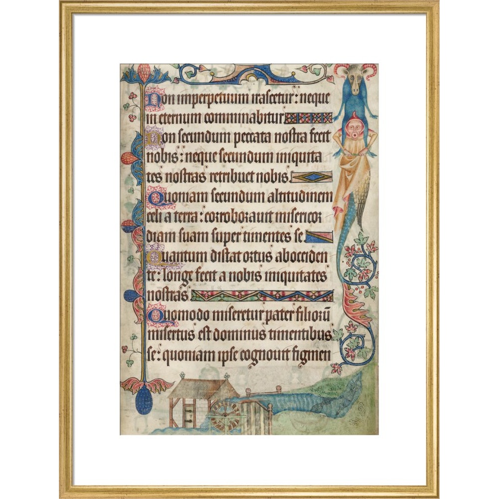 Psalm 103, with a watermill, from the Luttrell Psalter print in gold frame