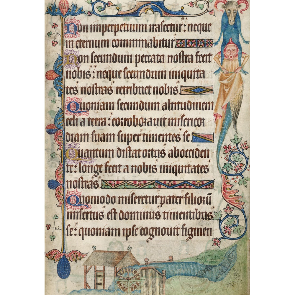 Psalm 103, with a watermill, from the Luttrell Psalter print