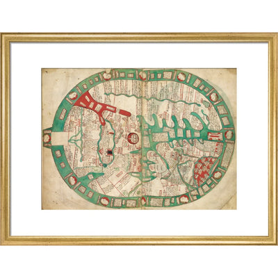 World map from Ranulf Higden's Polychronicon print in gold frame