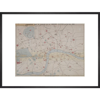 1862 map of London with bus and cab routes print in black frame