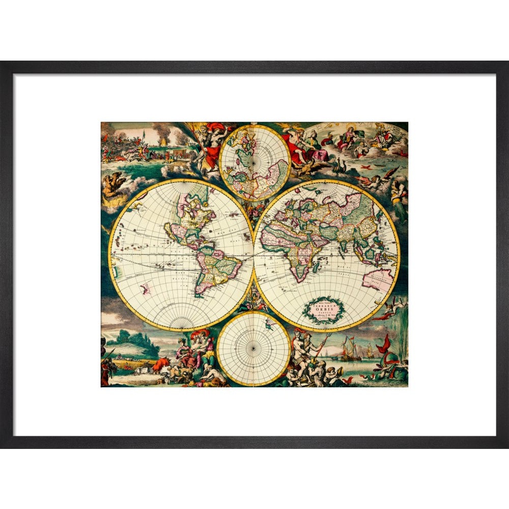 Four Hemisphere World Map print in black frame