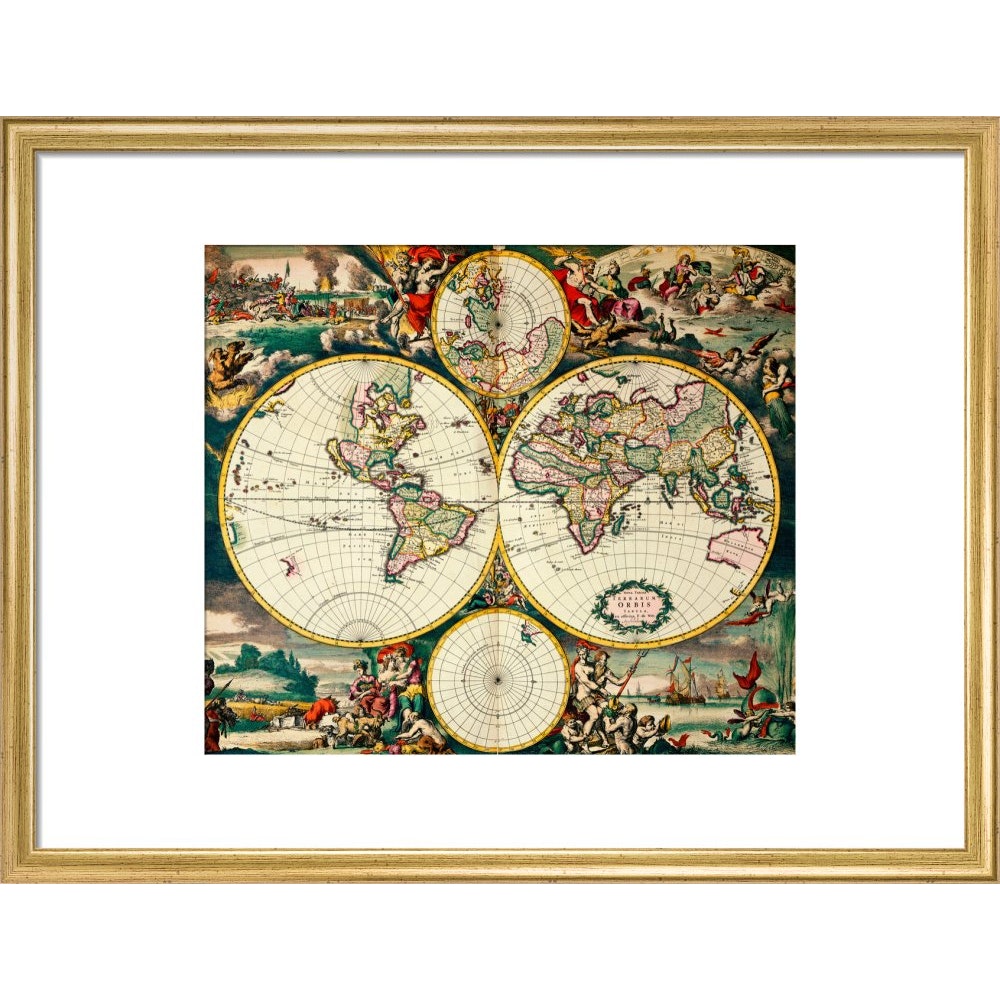 Four Hemisphere World Map print in gold frame