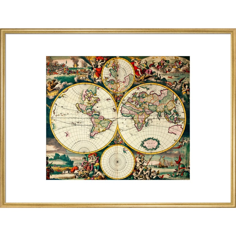 Four Hemisphere World Map print in gold frame