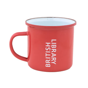 Coral enamel mug with British Library logo in white. 