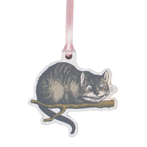 Cheshire cat wooden decoration with pink ribbon detail