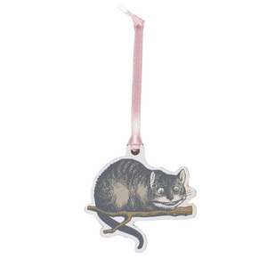Cheshire cat wooden decoration with pink ribbon