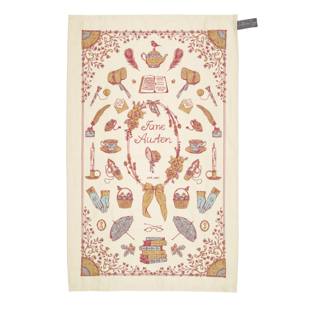 Tea towel with hand drawn illustrations of Jane Austen inspired objects on a natural cotton background