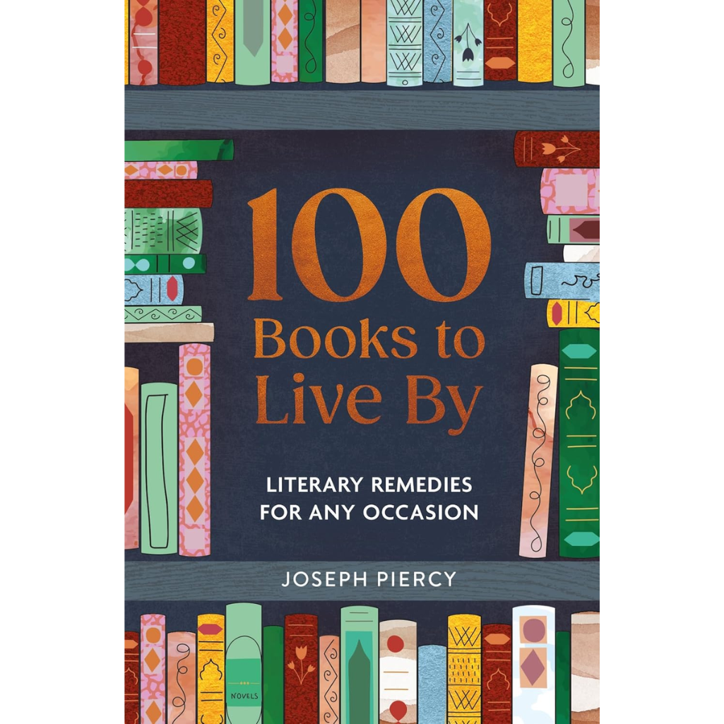 Book cover of '100 Books to Live By' with colorful book illustrations on a white background