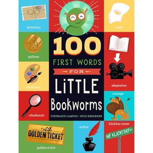 Book cover of '100 First Words for Little Bookworms' with colorful design and illustrations.