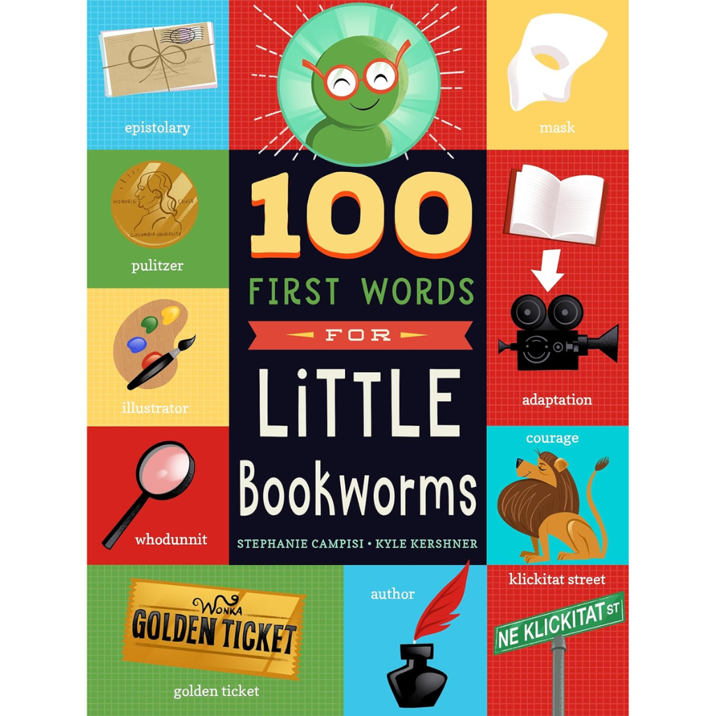 Book cover of '100 First Words for Little Bookworms' with colorful design and illustrations.