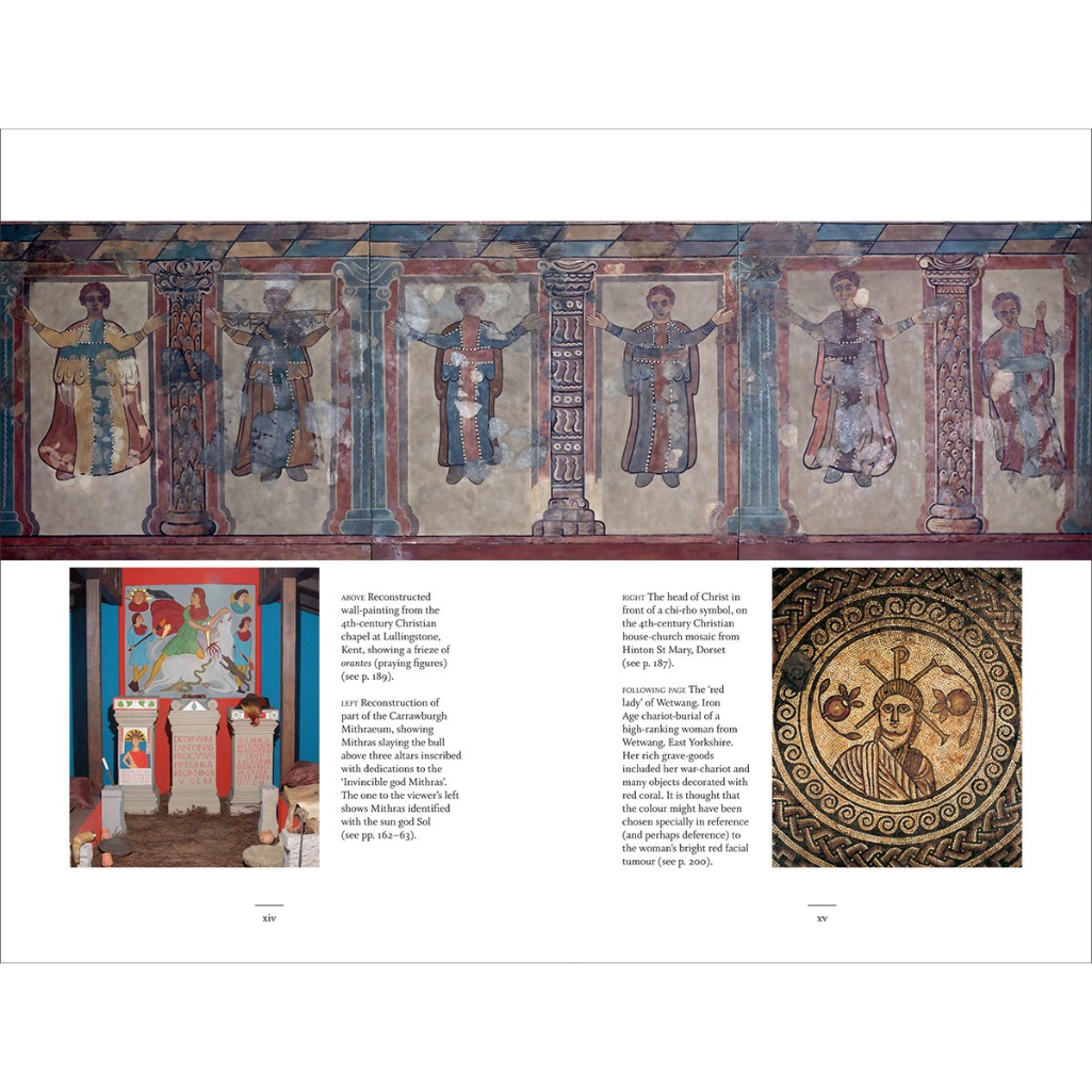 Page from a book featuring illustrations of classical architecture and figures, with text on a white background.