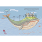 Illustration of a whale with a city on its back, surrounded by water and sky.