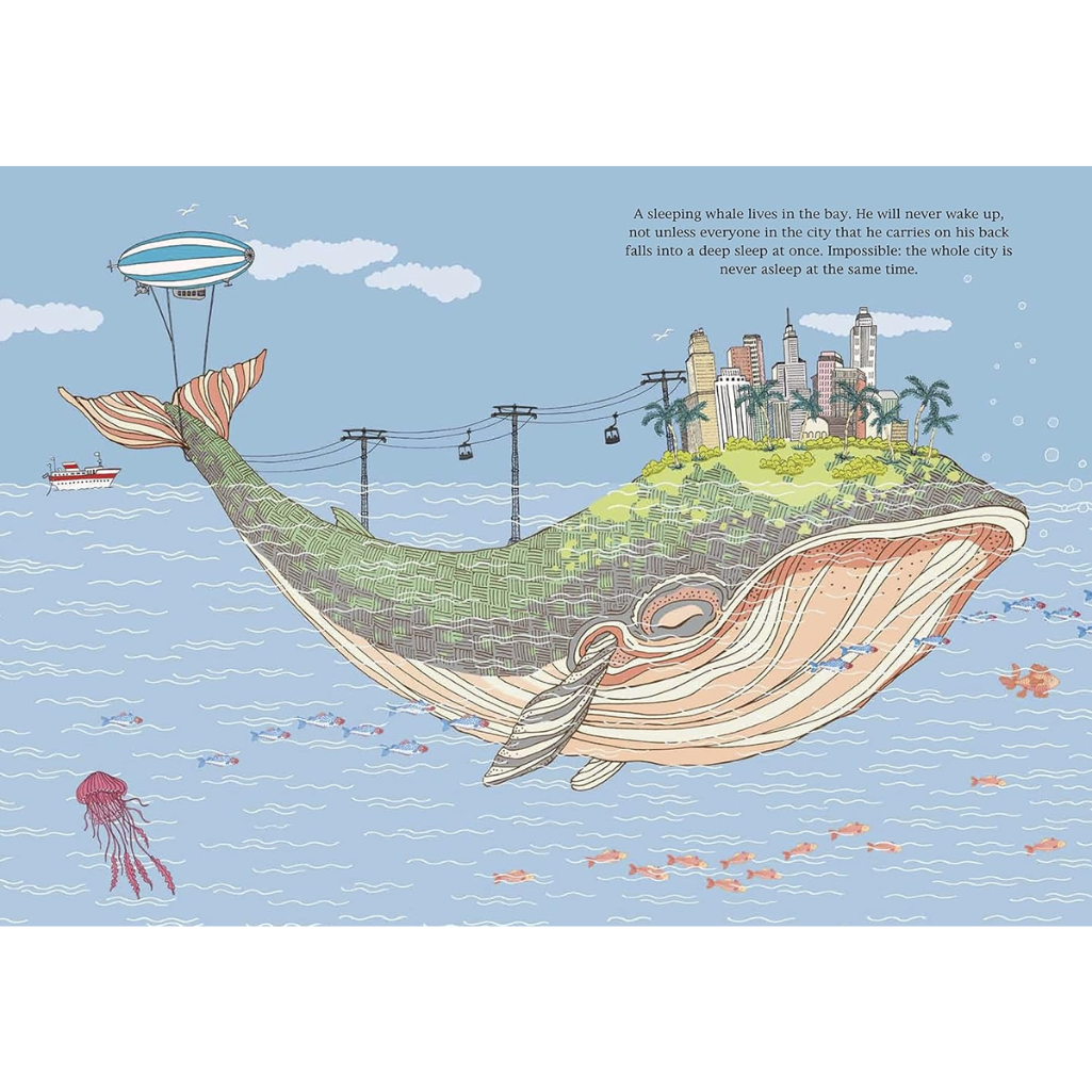 Illustration of a whale with a city on its back, surrounded by water and sky.