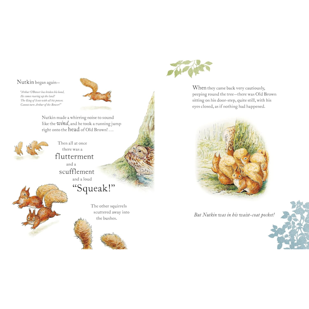 Illustrated book page with squirrels and text on a white background